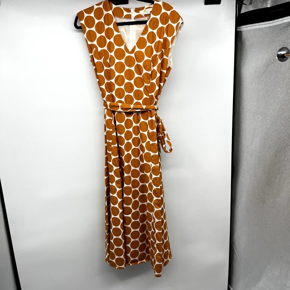 Boden Tori Midi Dress 10 Polka Dot V-Neck Tie Waist Cotton Lined Ivory Yellow - Picture 5 of 12